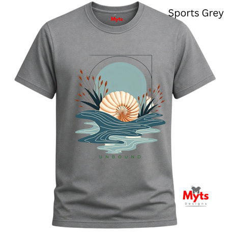 Sports Grey unisex coastal graphic tee with minimalist seashell, abstract blue ocean waves, and UNBOUND lettering.