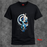 A black short-sleeve crewneck t-shirt featuring a large, detailed graphic print of a stylized face in shades of blue, gray, and white. The shirt is displayed against a textured gray background, with the red 'Myts' brand logo visible on the inner neck label and as a watermark in the bottom right corner.