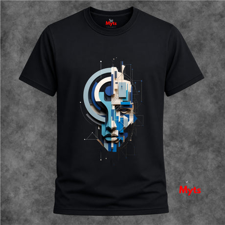 A black short-sleeve crewneck t-shirt featuring a large, detailed graphic print of a stylized face in shades of blue, gray, and white. The shirt is displayed against a textured gray background, with the red 'Myts' brand logo visible on the inner neck label and as a watermark in the bottom right corner.