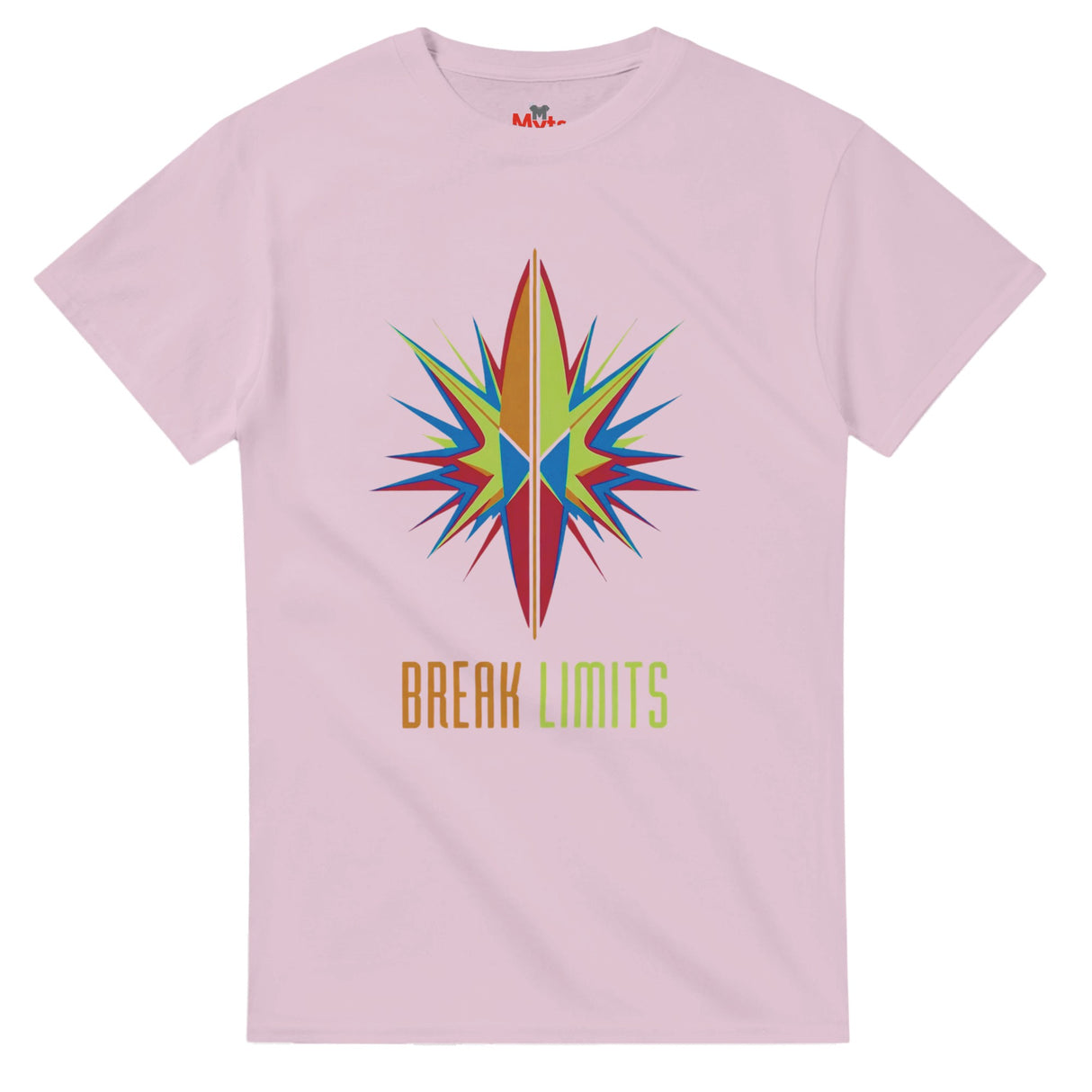 Pink t-shirt with a colorful star design and 'Break Limits' text on a white background