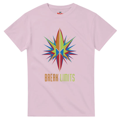 Pink t-shirt with a colorful star design and 'Break Limits' text on a white background