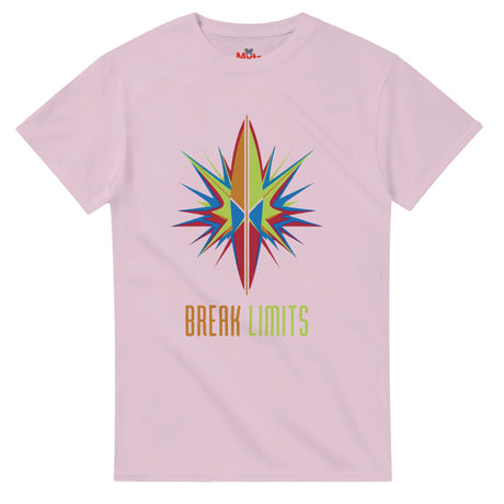 Pink t-shirt with a colorful star design and 'Break Limits' text on a white background