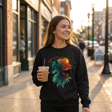 A woman walking on a city sidewalk holding an iced coffee, wearing a black crewneck sweatshirt with a colorful graphic of a wolf and the text 'NEW EVOLUTION'.