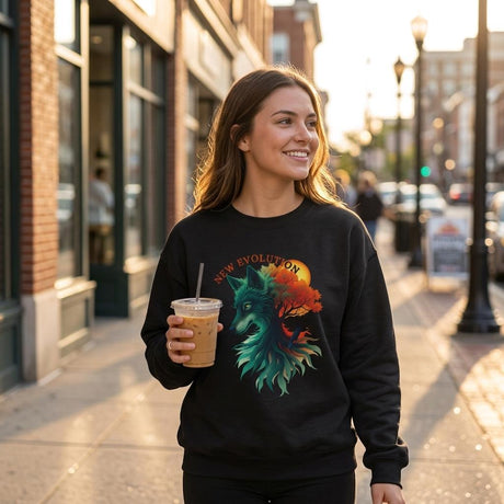 A woman walking on a city sidewalk holding an iced coffee, wearing a black crewneck sweatshirt with a colorful graphic of a wolf and the text 'NEW EVOLUTION'.