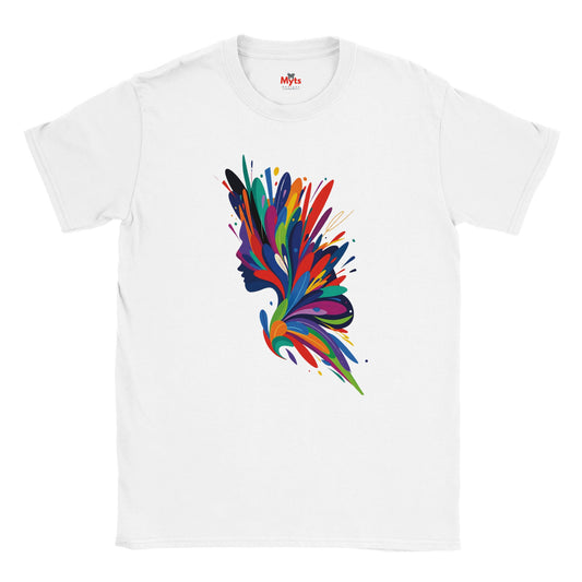 White t-shirt with a colorful abstract design on a white background