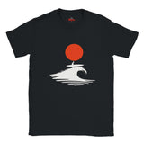Black t-shirt with a graphic of a surfer on a wave and a red sun, branded 'Myls'.