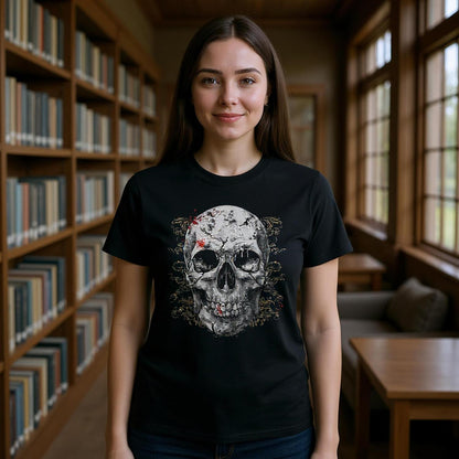 Woman wearing a black t-shirt with a skull design in a library setting