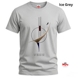 An ice grey short-sleeve crewneck t-shirt with a minimalist abstract graphic on the front. The graphic features a circular motif with a gold-beige swoosh, a dark red block, and a blue tip, with the text 'UNBOUND UNBOUND' printed below.