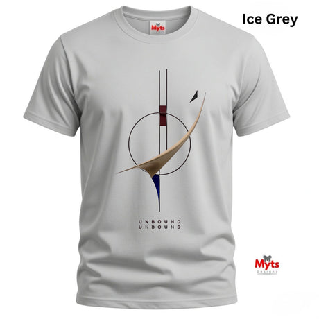 An ice grey short-sleeve crewneck t-shirt with a minimalist abstract graphic on the front. The graphic features a circular motif with a gold-beige swoosh, a dark red block, and a blue tip, with the text 'UNBOUND UNBOUND' printed below.