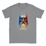 Gray t-shirt with a colorful graphic design on a white background