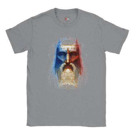 Gray t-shirt with a colorful graphic design on a white background