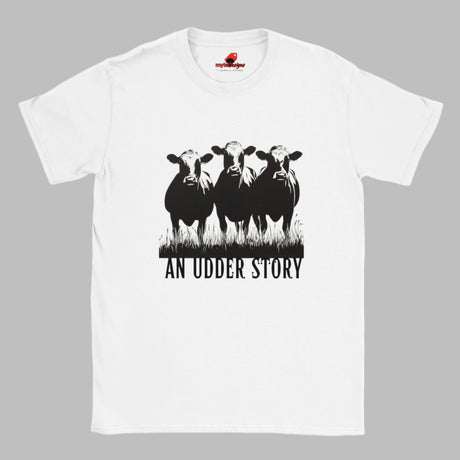 Front view of white cotton T-shirt featuring illustrated cows and text “An Udder Story” – humorous farm-themed graphic tee