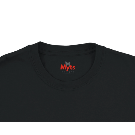 Close-up of a black crewneck t-shirt showing the inner neck label with a red 'Myts' logo and a small gray goat graphic.