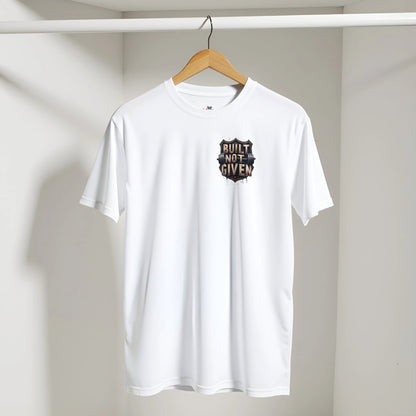White t-shirt with a logo and text on a hanger against a plain background