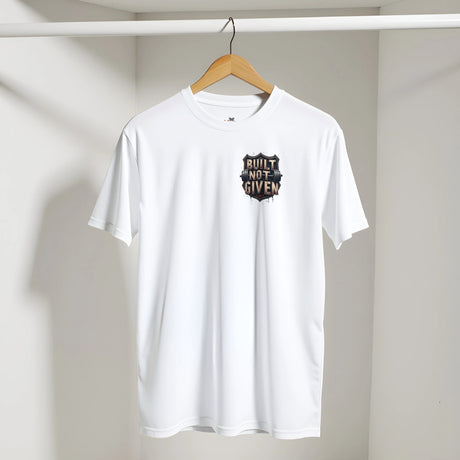 White t-shirt with a logo and text on a hanger against a plain background