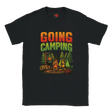 Black t-shirt with 'Going Camping' graphic design on a white background