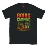 Black t-shirt with 'Going Camping' graphic design on a white background