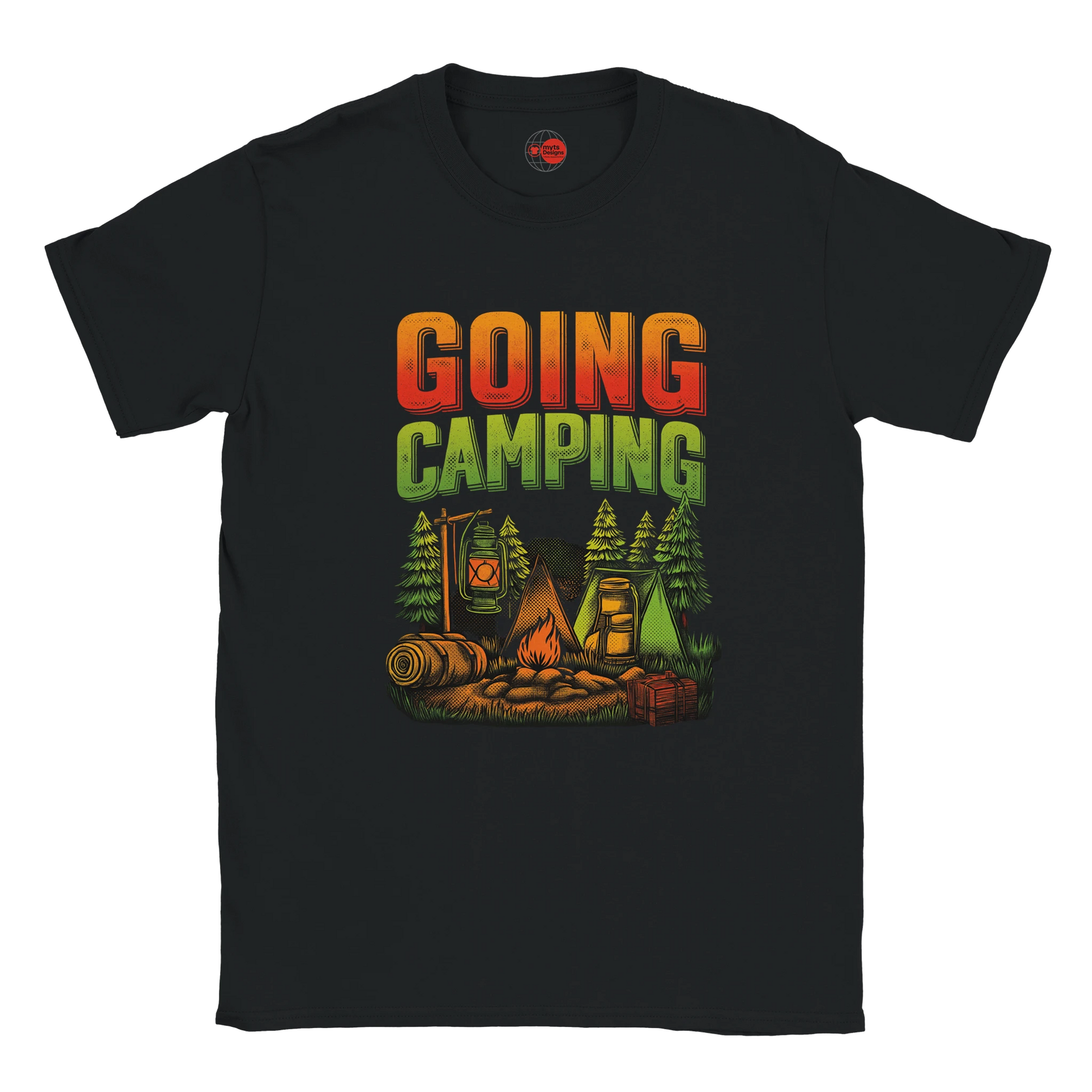 Black t-shirt with 'Going Camping' graphic design on a white background