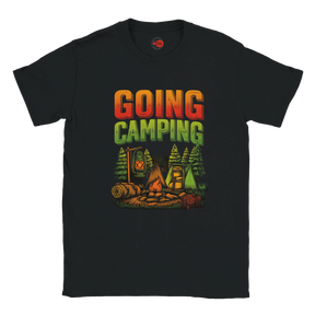 Black t-shirt with 'Going Camping' graphic design on a white background