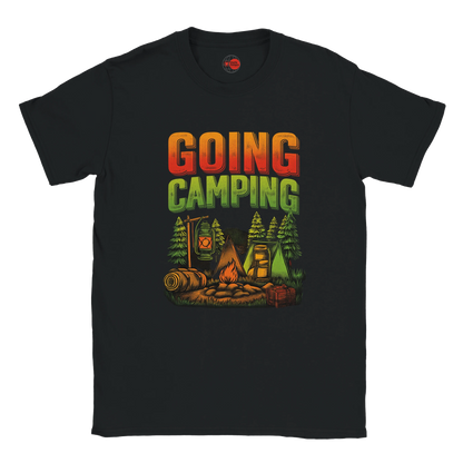 Black t-shirt with 'Going Camping' graphic design on a white background