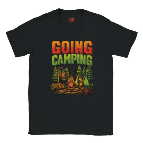 Black t-shirt with 'Going Camping' graphic design on a white background