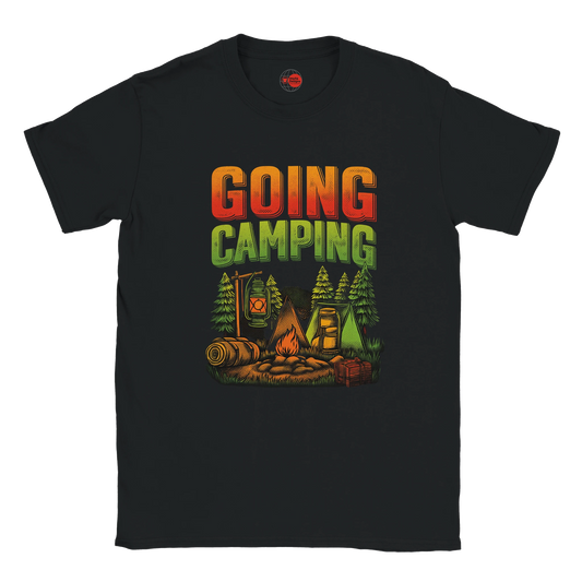 Black t-shirt with 'Going Camping' graphic design on a white background