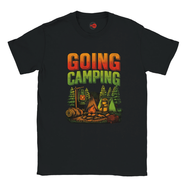 Black t-shirt with 'Going Camping' graphic design on a white background