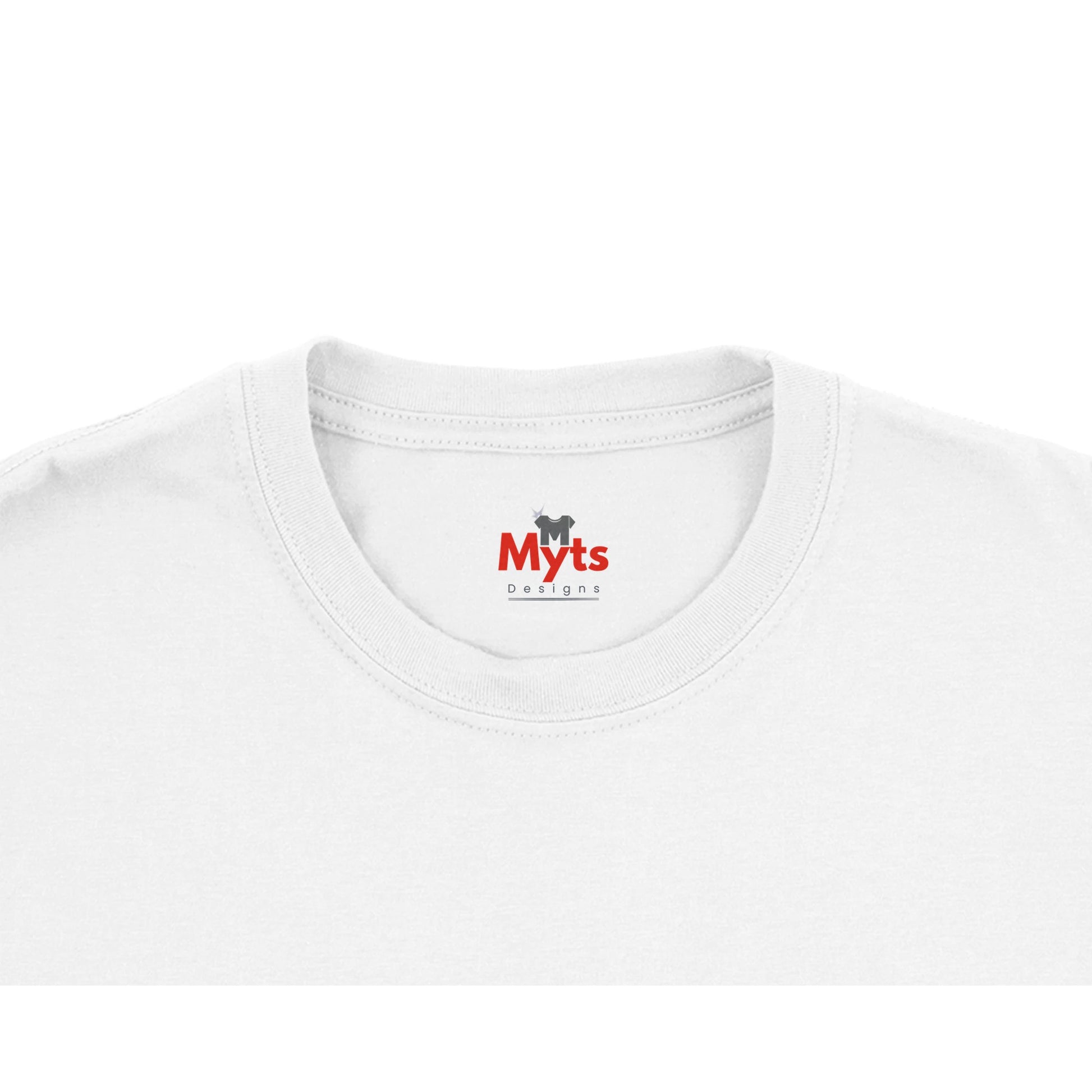 White t-shirt with 'Myts Designs' logo on a white background