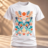 White graphic T-shirt displaying symmetrical dolphin butterfly artwork with orange coral, starfish and seashells.