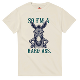 White t-shirt with a donkey graphic and text 'So I'm a hard ass.' on a white background
