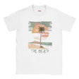 Front view of vintage beach T-shirt featuring palm trees and retro sunset graphic on white cotton tee