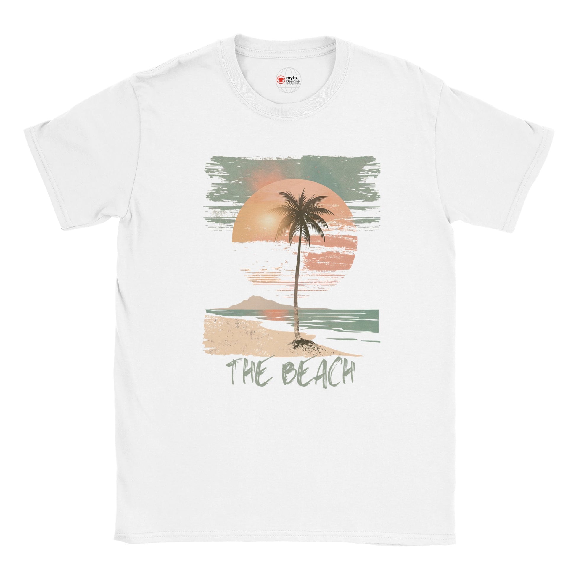 Front view of vintage beach T-shirt featuring palm trees and retro sunset graphic on white cotton tee