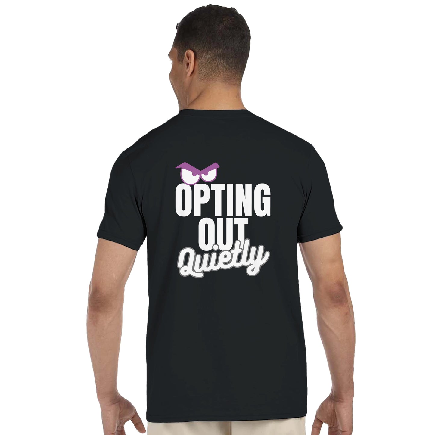 Person wearing a black t-shirt with 'Opting Out Quietly' text on the back