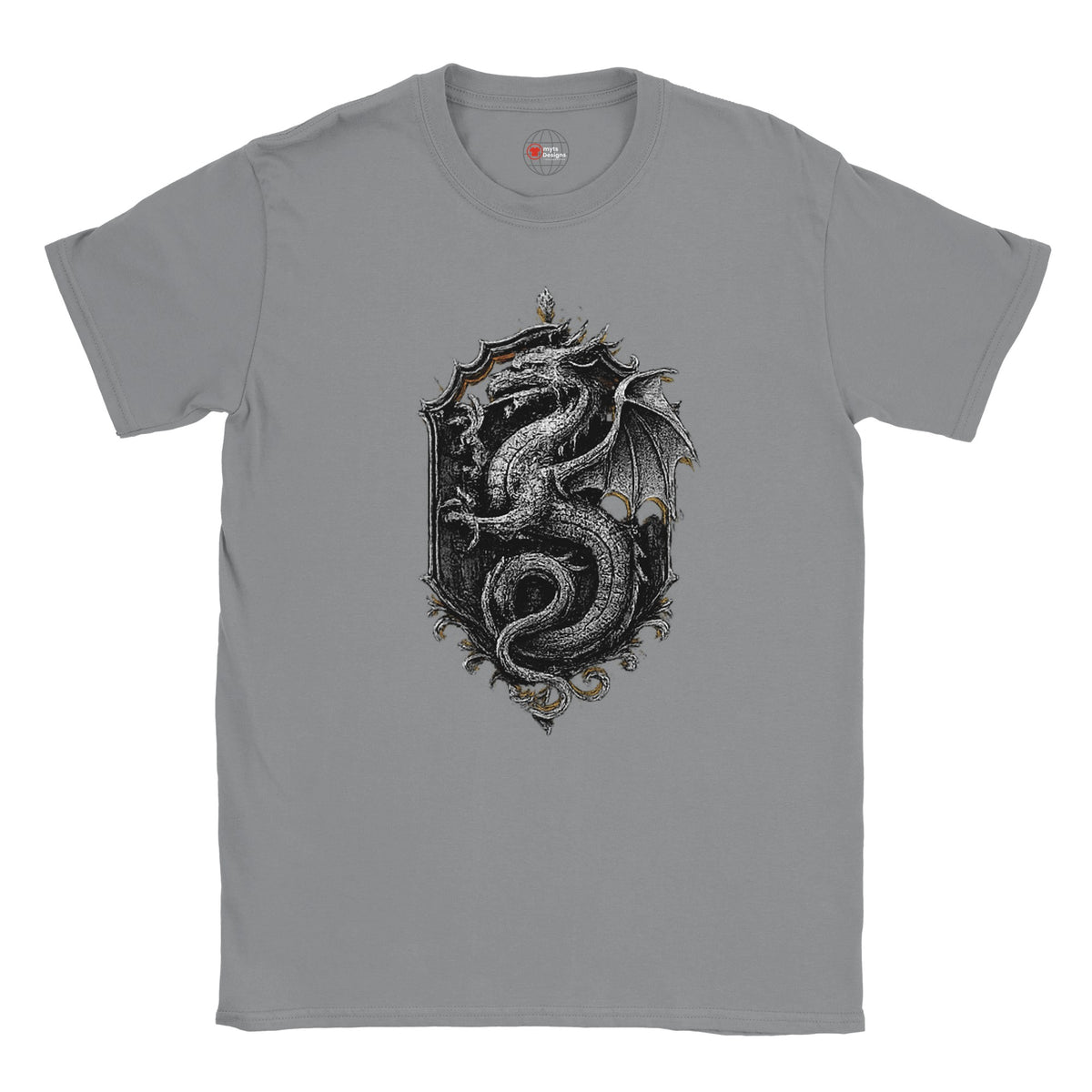 Gray t-shirt with a dragon design on a white background