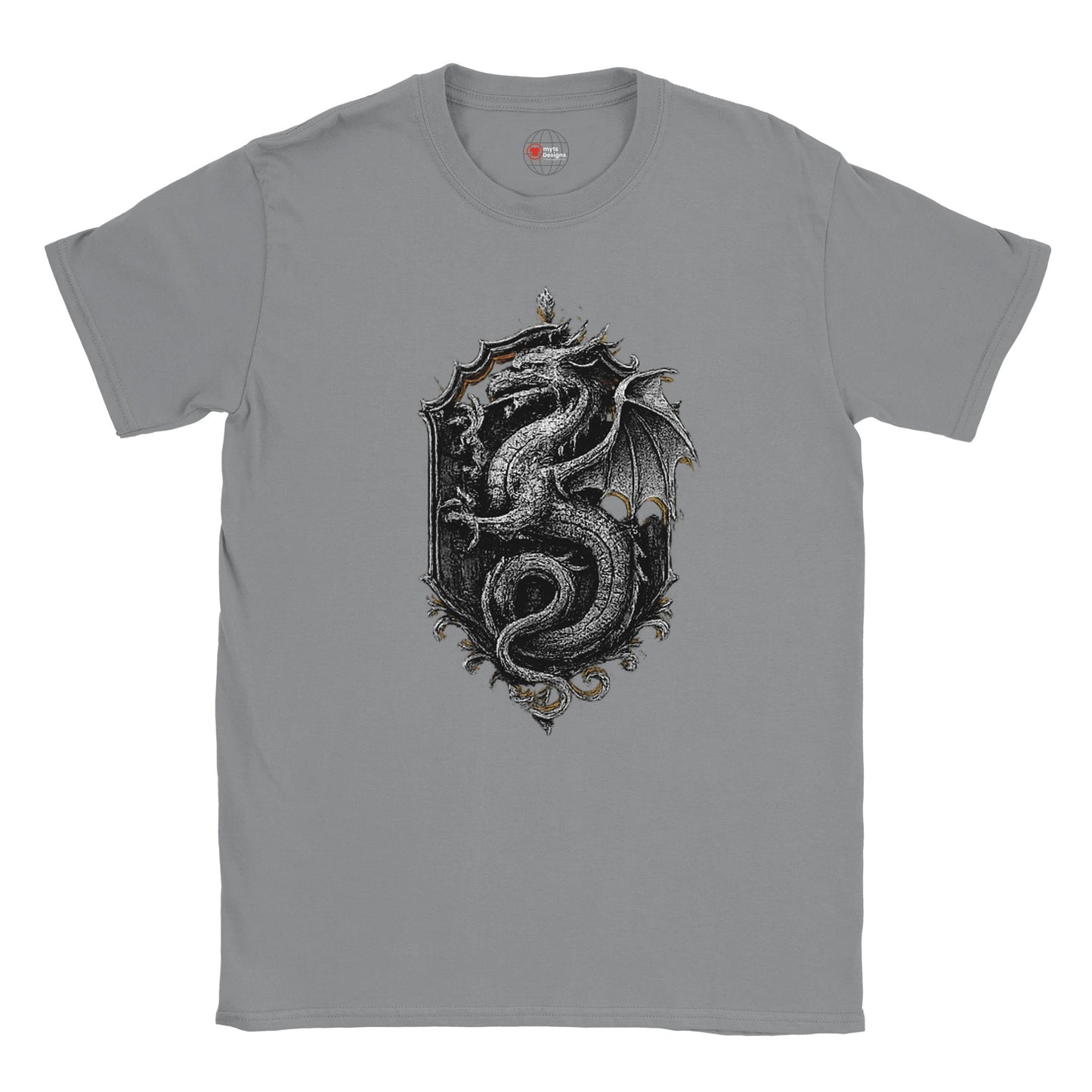 Gray t-shirt with a dragon design on a white background