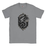 Gray t-shirt with a dragon design on a white background