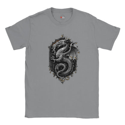 Gray t-shirt with a dragon design on a white background