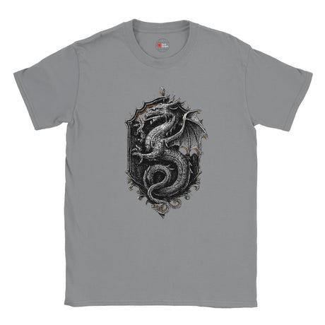 Gray t-shirt with a dragon design on a white background