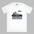 Front view of a white soft casual tee showing the Sydney Opera House sails with a sleek spaceship graphic orbiting overhead, printed on ultra-soft Gildan 64000 cotton.