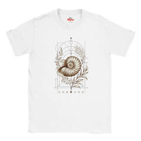 “Front view of a white Unbound Nautilus T-shirt with seashell, botanical and geometric artwork.”