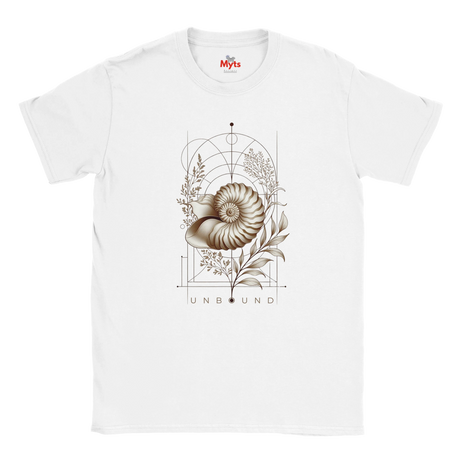 “Front view of a white Unbound Nautilus T-shirt with seashell, botanical and geometric artwork.”