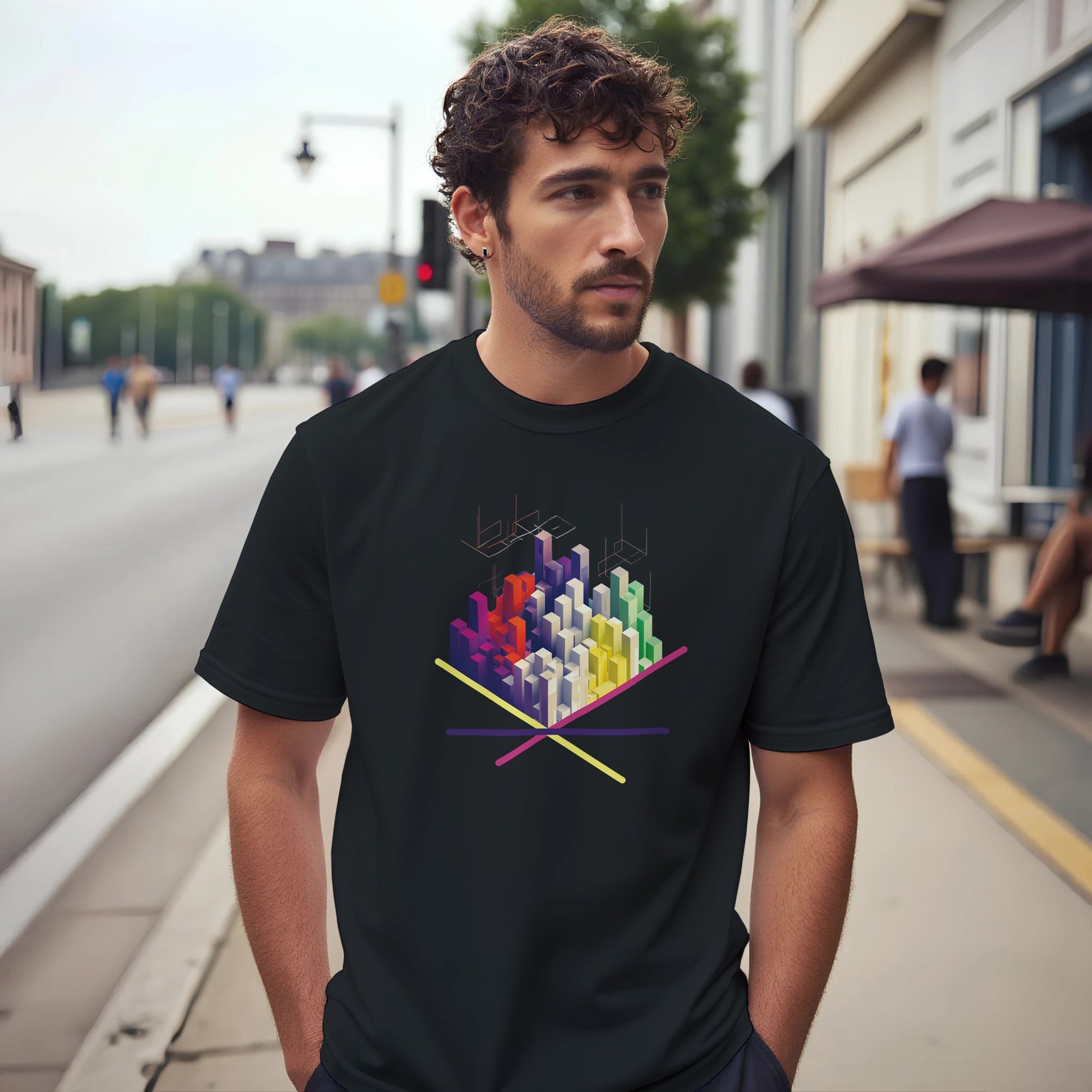A man wearing a black t-shirt with a colorful graphic design on a city street.