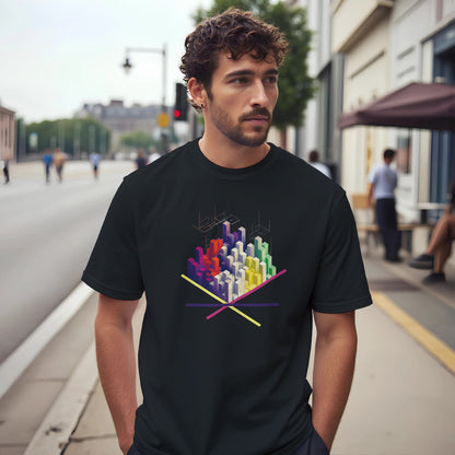 A man wearing a black t-shirt with a colorful graphic design on a city street.