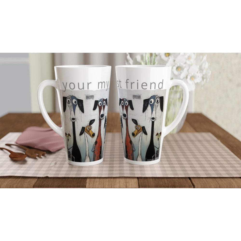 Two white ceramic mugs with printed dog illustrations and the text 'your best friend' displayed on a checkered table mat on a wooden table.