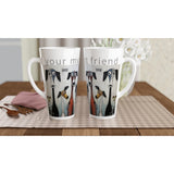 Two white ceramic mugs with printed dog illustrations and the text 'your best friend' displayed on a checkered table mat on a wooden table.