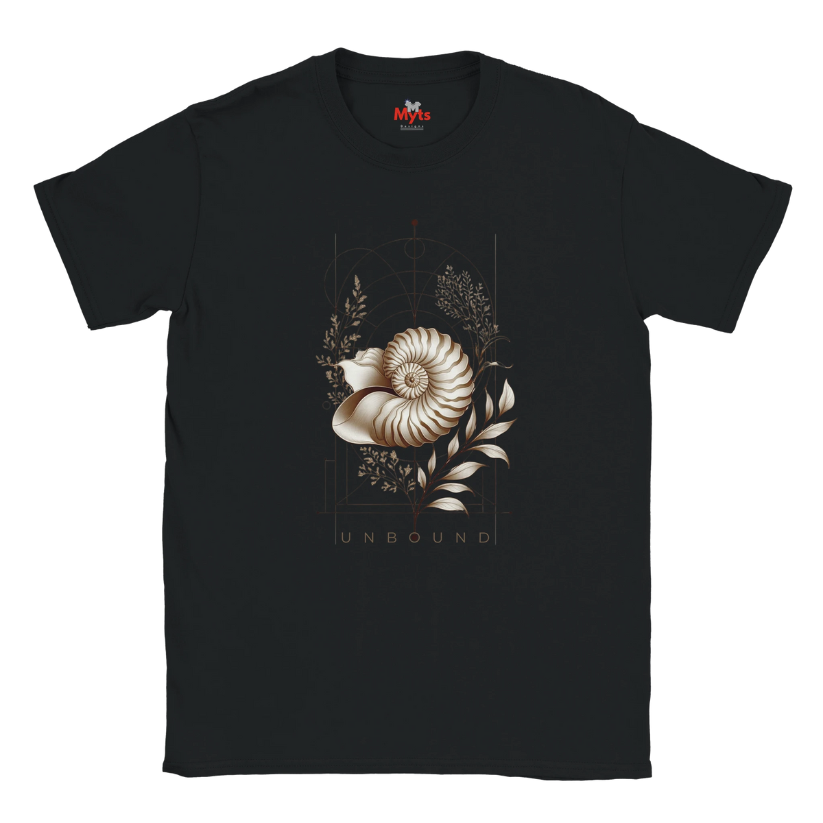 “Front view of a black Unbound Nautilus T-shirt with seashell, botanical and geometric artwork.”