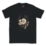 “Front view of a black Unbound Nautilus T-shirt with seashell, botanical and geometric artwork.”