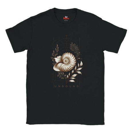 “Front view of a black Unbound Nautilus T-shirt with seashell, botanical and geometric artwork.”