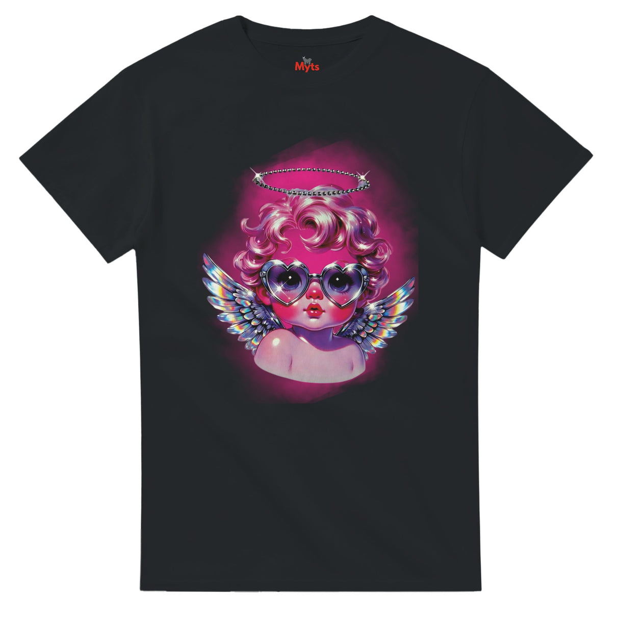 Black t-shirt with a colorful graphic of an angelic figure wearing sunglasses and wings on a white background.