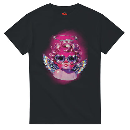 Black t-shirt with a colorful graphic of an angelic figure wearing sunglasses and wings on a white background.